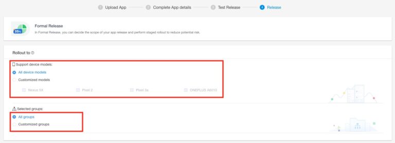 Select the Target device models and groups for formal release