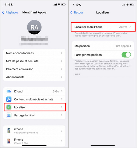 Activer l'option de Localiser sur iPhone