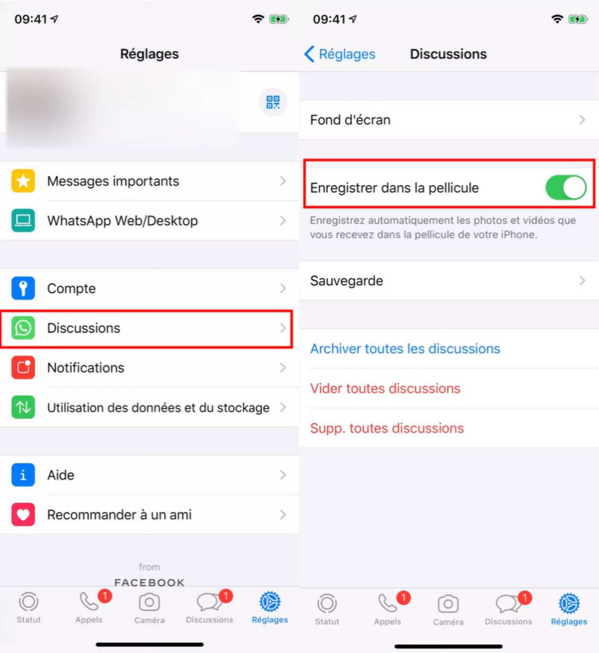 Activer l'enregistrement dans la pellicule WhatsApp