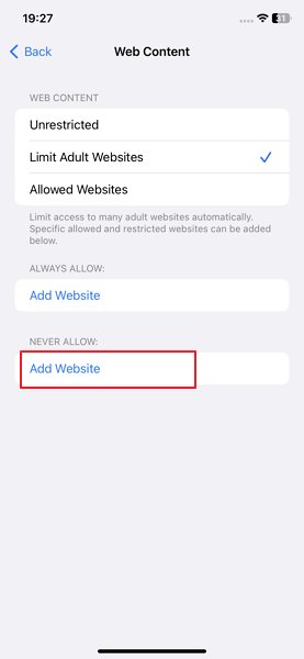 add website under Never Allow