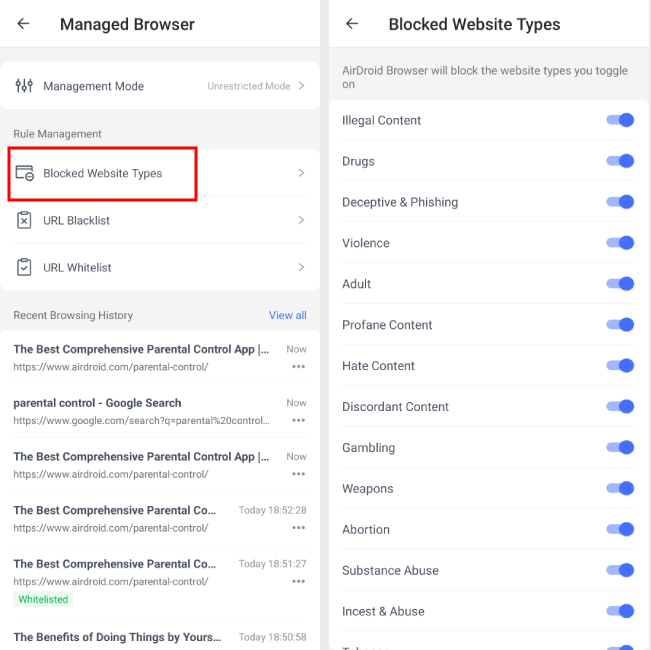 AirDroid Browser blocked website types