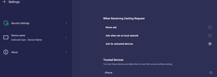 Ajustes de seguridad en AirDroid Cast TV