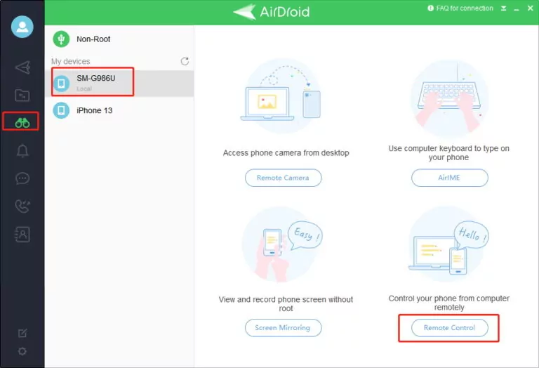 contrôle à distance avec AirDroid sur l'ordinateur