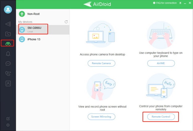 panneau de contrôle à distance airdroid personal