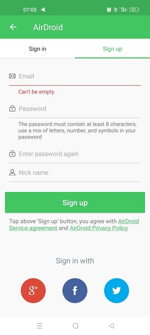 airdroid sign up