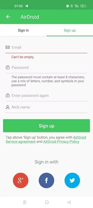 airdroid sign up