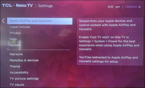 AirPlay setting on Roku TV