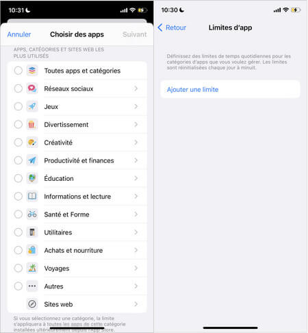 Ajouter une limite du temps d'applis sur iOS