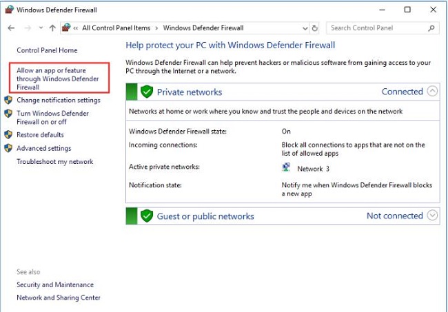 Allow app or feature through Windows Defender Firewall