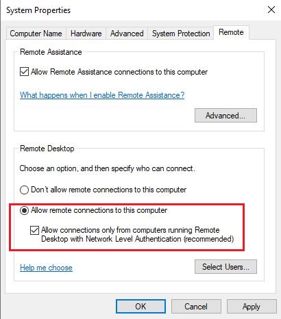 Allow remote connections to this computer