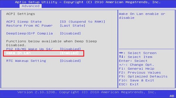 BIOS Wake on LAN