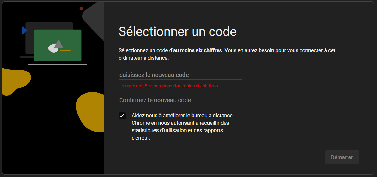 Bureau à distance Chrome sélectionnez un code