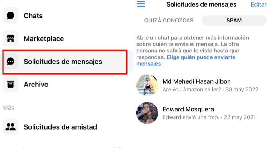 Solicitudes de mensajes de Facebook