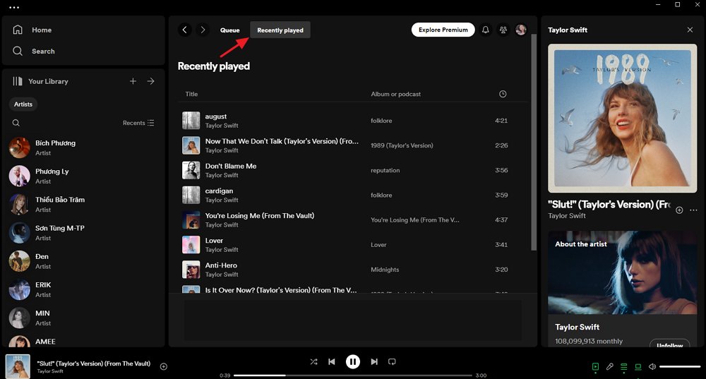 Spotify tocado recentemente no desktop