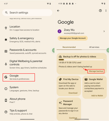 Check syn settings of Google