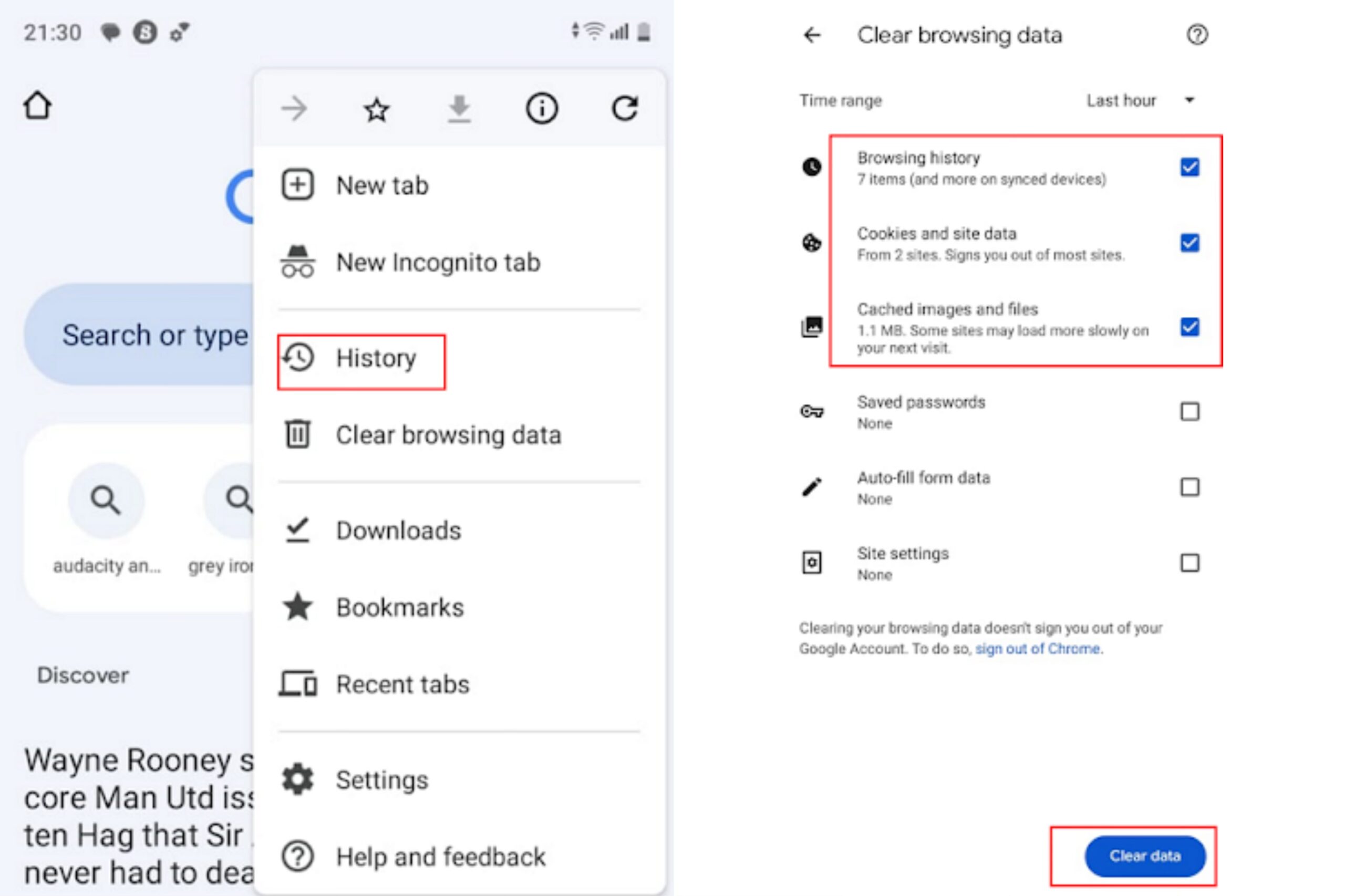 clean cache and data on chrome