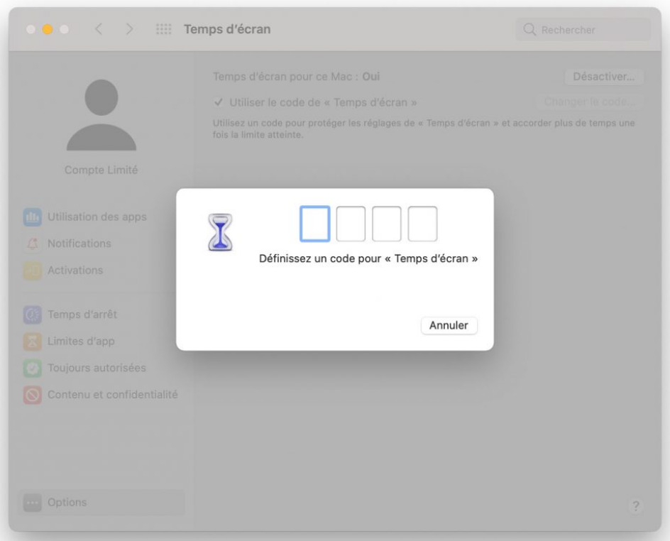 code temps d'écran Mac
