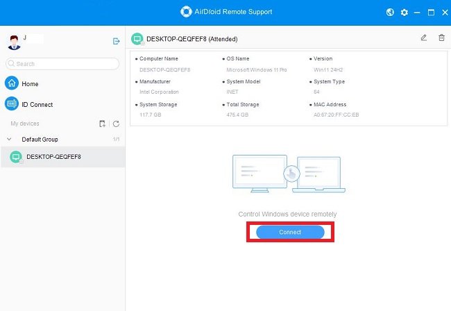 connect to remote PC via AirDroid Remote Support