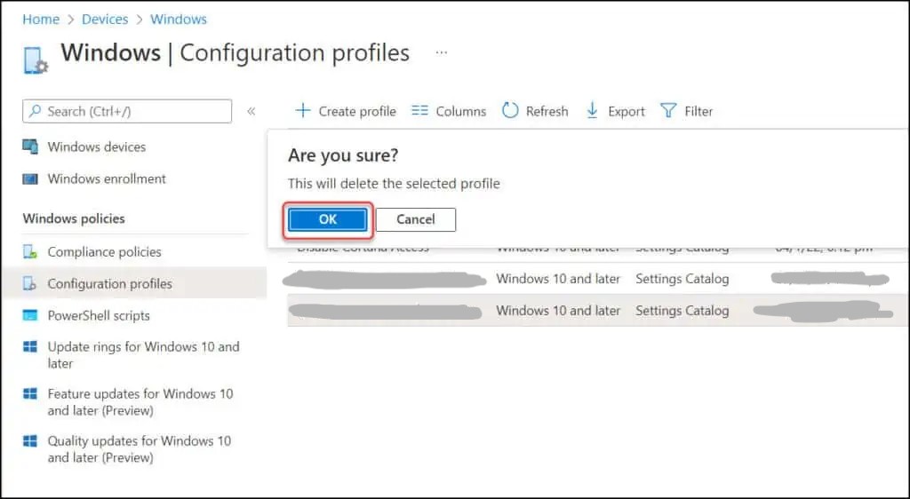 delete kiosk profile in Intune