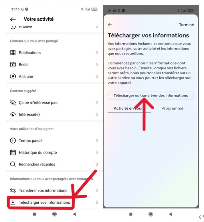 Demandez un téléchargement de vos informations Instagram