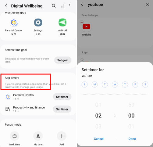 Digital Wellbeing set a YouTube timer