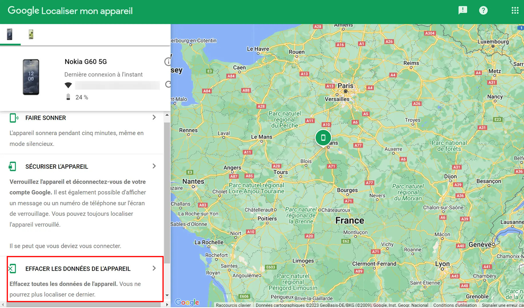 Google Localiser mon appareil effacer à distance les données Android