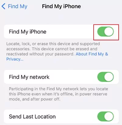 Sicherstellen, dass Find My iPhone eingeschaltet ist