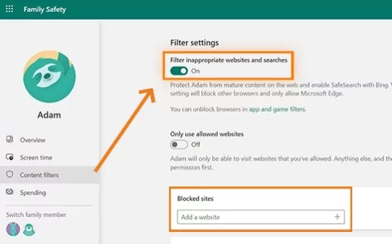 configurações de filtro na microsoft family safety