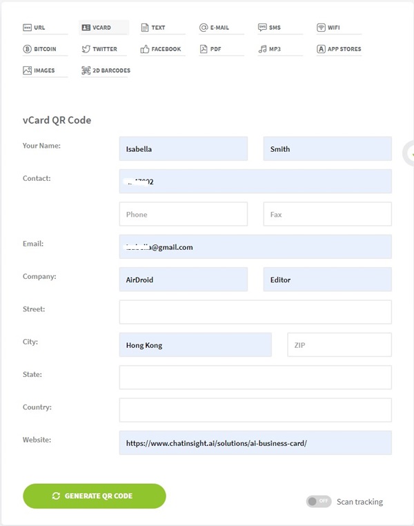 set up content for QR code for business card