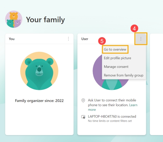 ir a visión general en Microsoft Family Safety