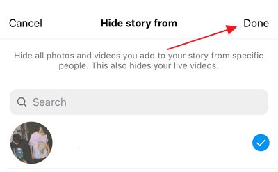 Sélectionnez quelqu'un pour masquer votre story Instagram