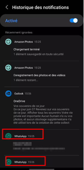 Historique des notifications Android