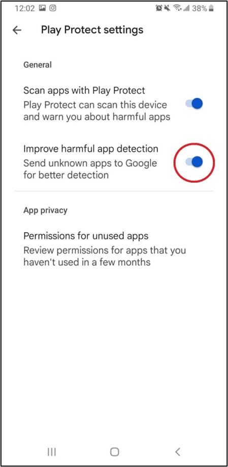 Menú de Play protect seleccionando la opción de mejorar detección de aplicaciones peligrosas