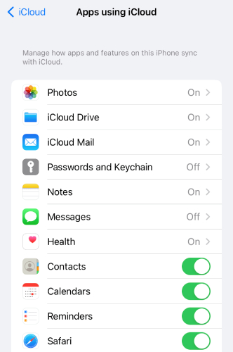 selecione o aplicativo do iPhone que você deseja sincronizar no iCloud