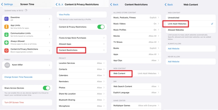 Limiter les sites web pour adultes sur l'iPhone