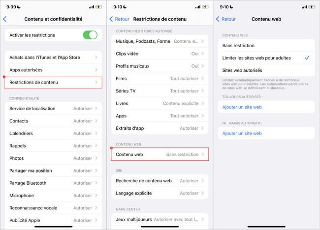 Limiter les sites pour adultes sur iPhone