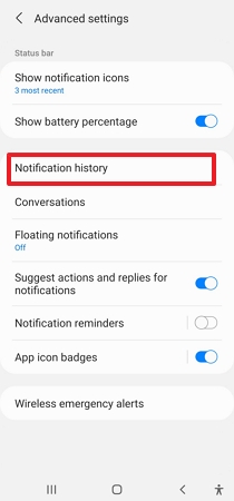 L'icône de l'historique des notifications