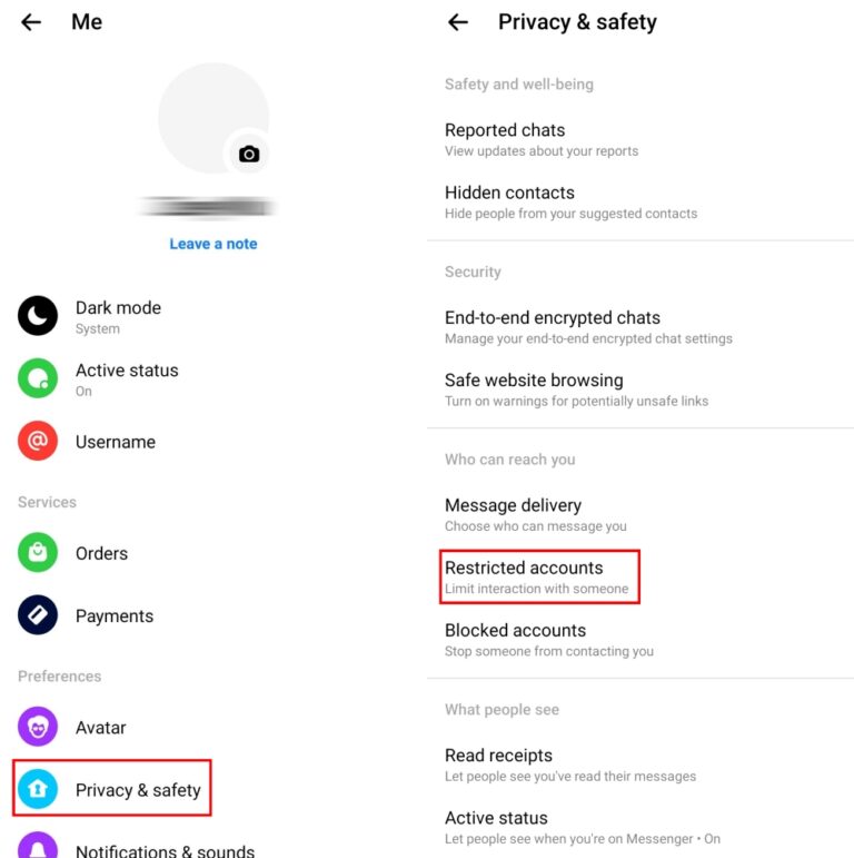 restricted accounts on Messenger