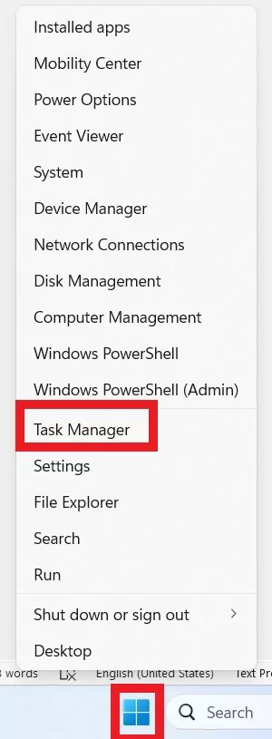 right-click task menu to open task manager