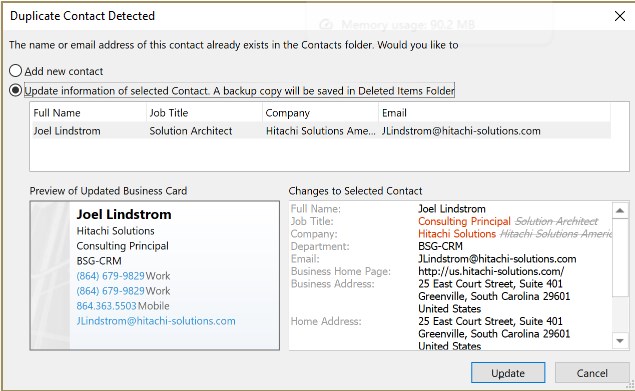 enregistrer la carte de visite dans Outlook