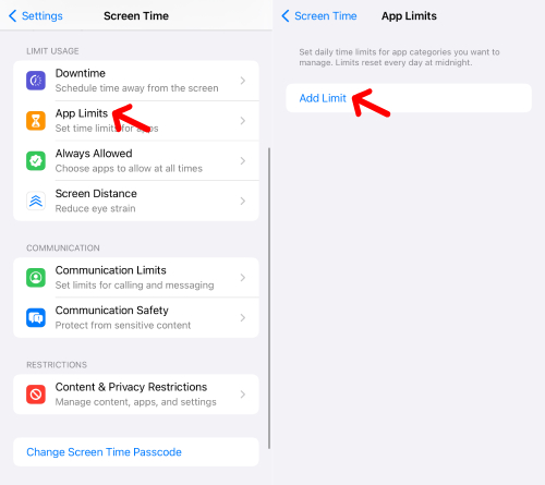 iPhone Screen Time add app limits