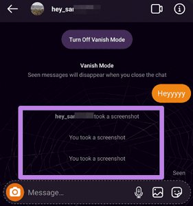 screenshot notification on Instagram Vanish Mode