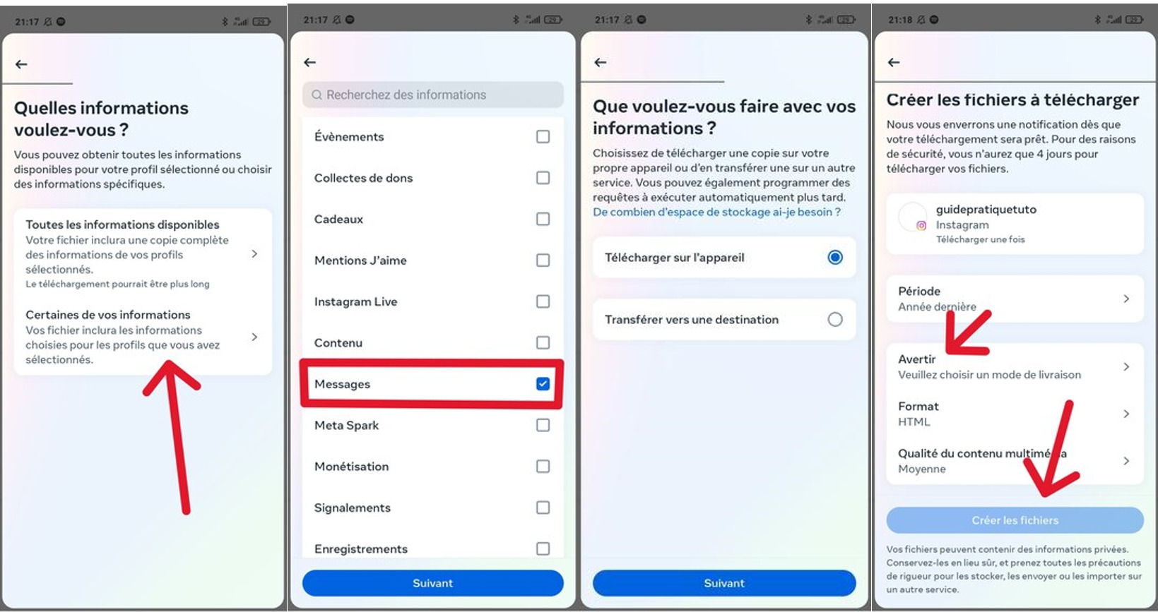 Sélectionnez les types d'informations à télécharger sur Instagram