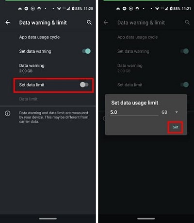 setting data limit