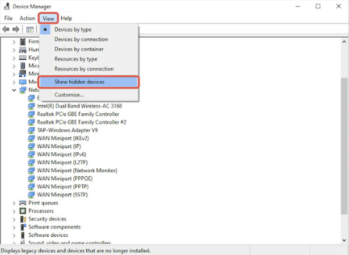 mostrar dispositivos ocultos en Device Manager