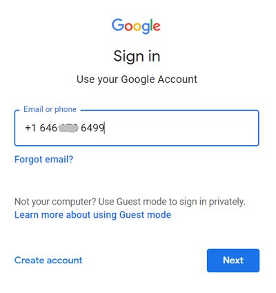 fazer login na conta do google com o número de celular