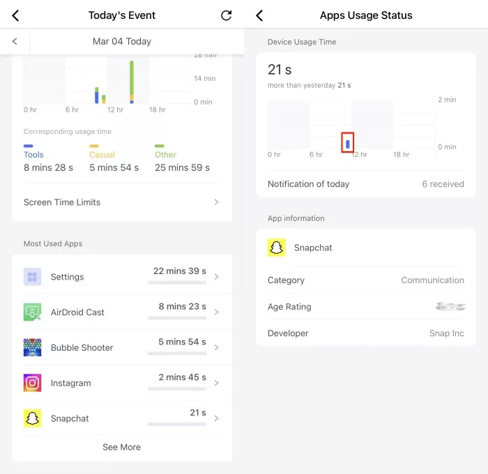 Snapchat usage on AirDroid