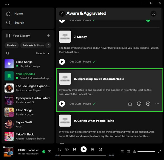 spotify desktop podcast page options