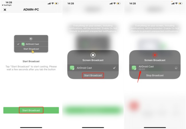 démarrer la diffusion sans fil de l'écran iOS