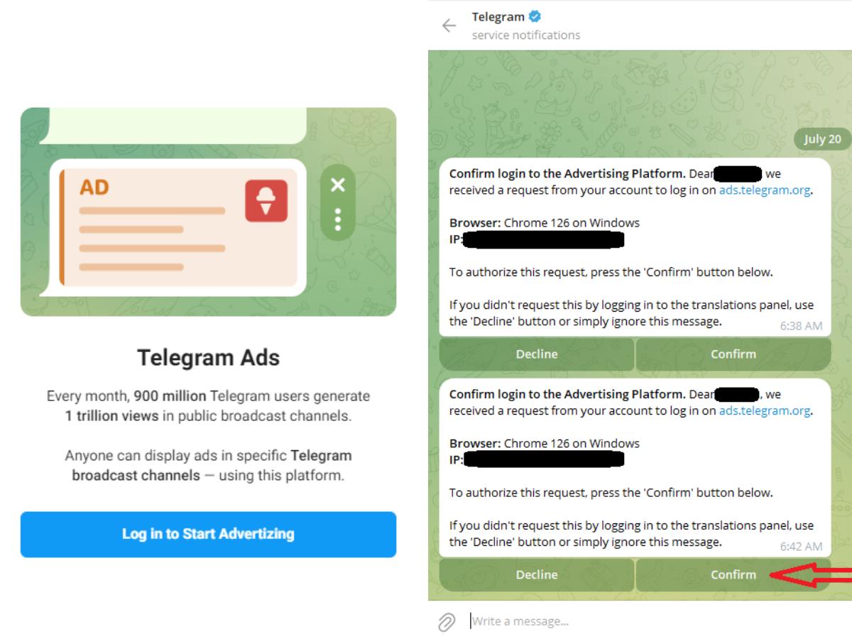 Tap confirm on telegram ads